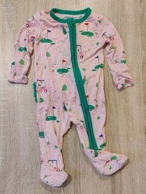 Angel Dear Pink Golf & Poodle Dog Footed One-Piece with Green Trim Size 0-3mo
